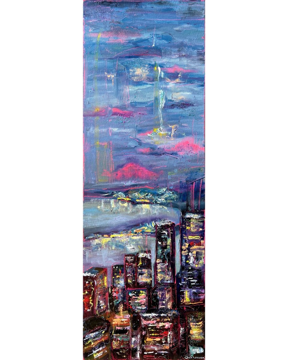 Impressionistic Cityscapes Painting By Victoria Sukhasyan, 10 X 30", Nighttime Cityscape, Original Artwork