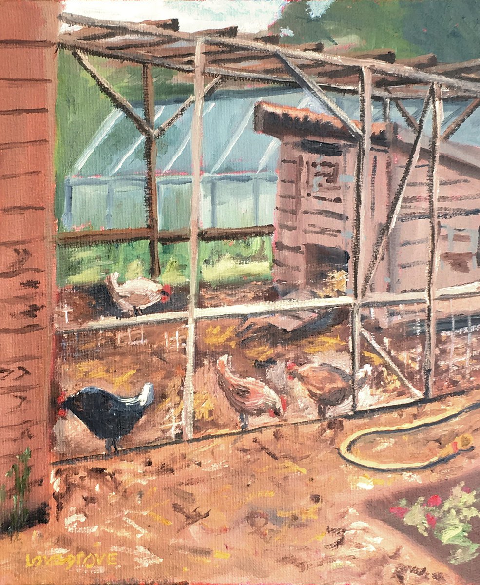 Chickens at the allotments, an original oil painting by Julian Lovegrove Art