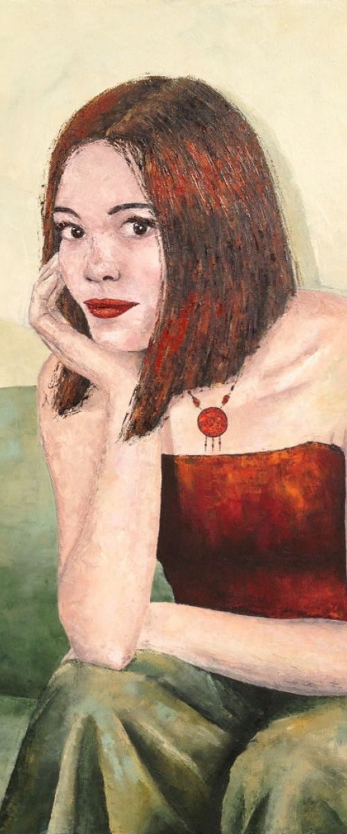 Lady on Olive Green Sofa by Beata Belanszky Demko