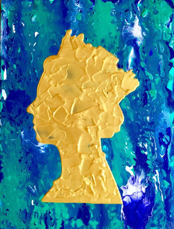 Gold Queen #23 Abstract Queen Elizabeth  portrait  on green marble background