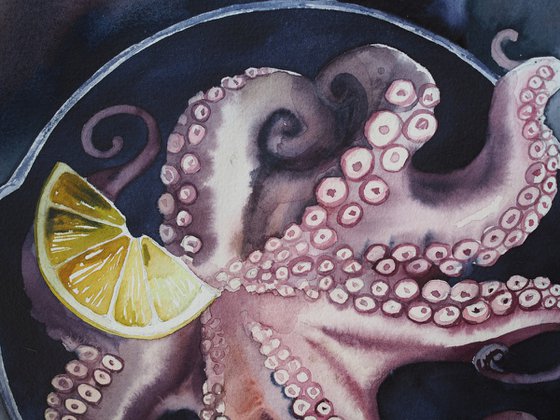 Still life with octopus in a pan