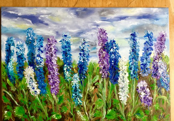 Delphiniums  in Regents Park in London, English garden,  meadow in summer flowers palette  knife modern  flowers office home decor gift