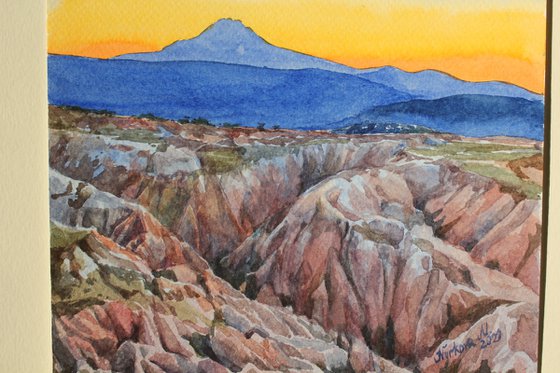 Cappadocia landscape painting watercolour Erciyes Mountain wall art Turkey Gift