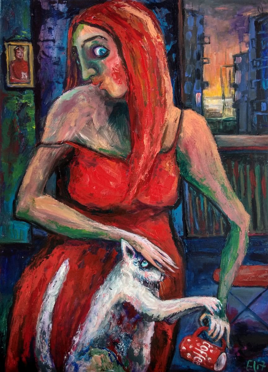 Expressive Portrait Acrylic Painting By Elisheva Nesis, 20 X 28, Start Of The Morning, Original Artwork