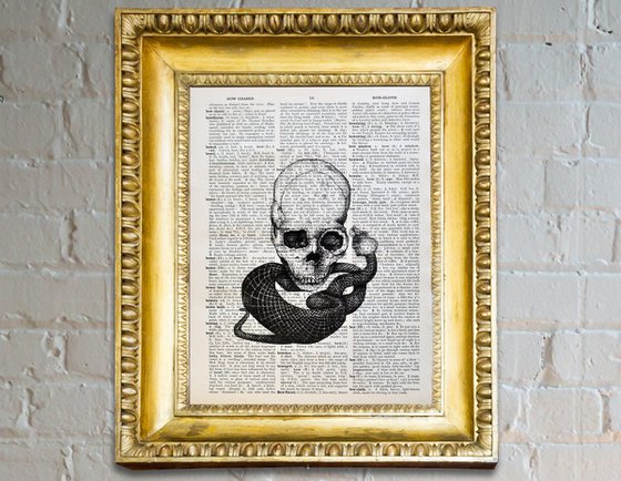 Skull and Snake - Collage Art on Large Real English Dictionary Vintage Book Page