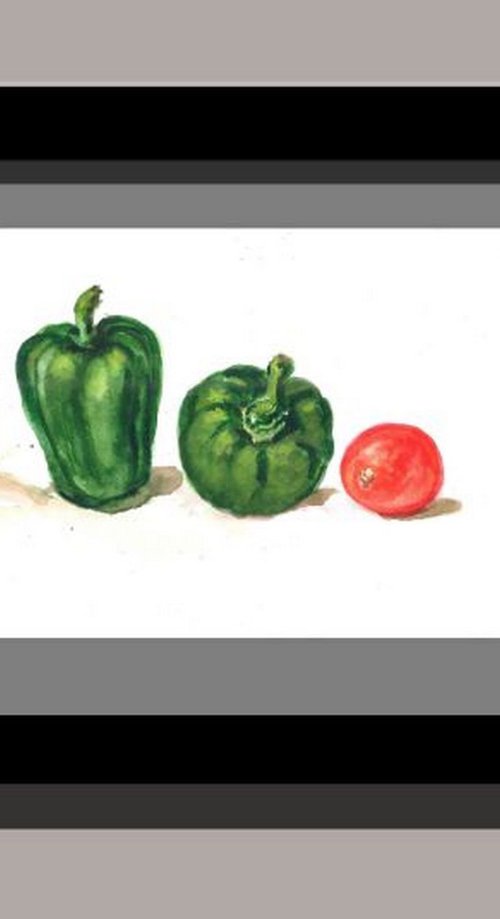 Still life with capsicums and tomato by Asha Shenoy