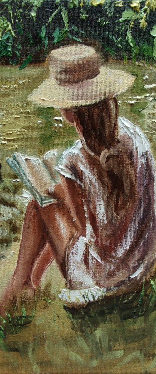 " BOOK LOVER ... " original painting LAKE SPRING palette knife GIFT GREEN by Monika Luniak