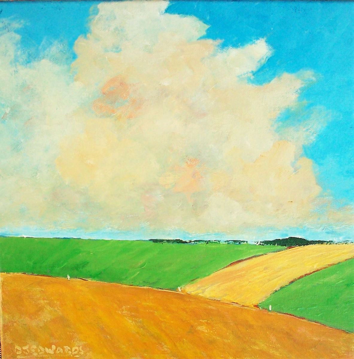 Impressionistic Landscape Acrylic Painting By David J Edwards, 12 X 12, Mixed Fields, Original Artwork