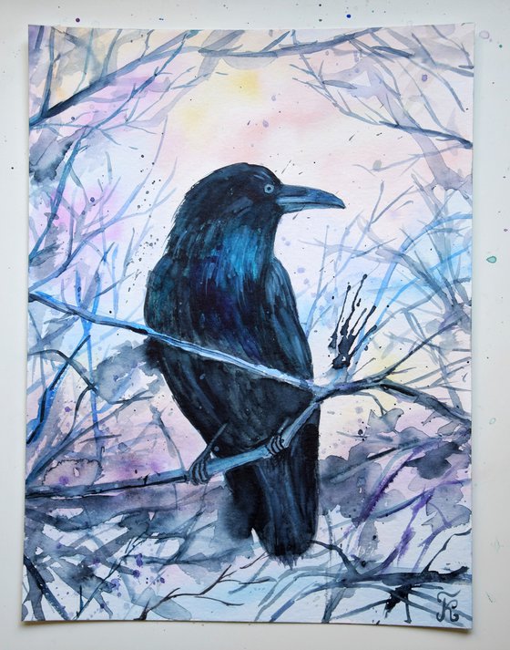 Raven watercolor painting, black crow wall art, gothic home decor, Halloween gift