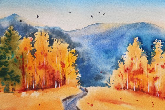 Colorful autumn landscape. The road to the mountains. Original watercolor artwork.