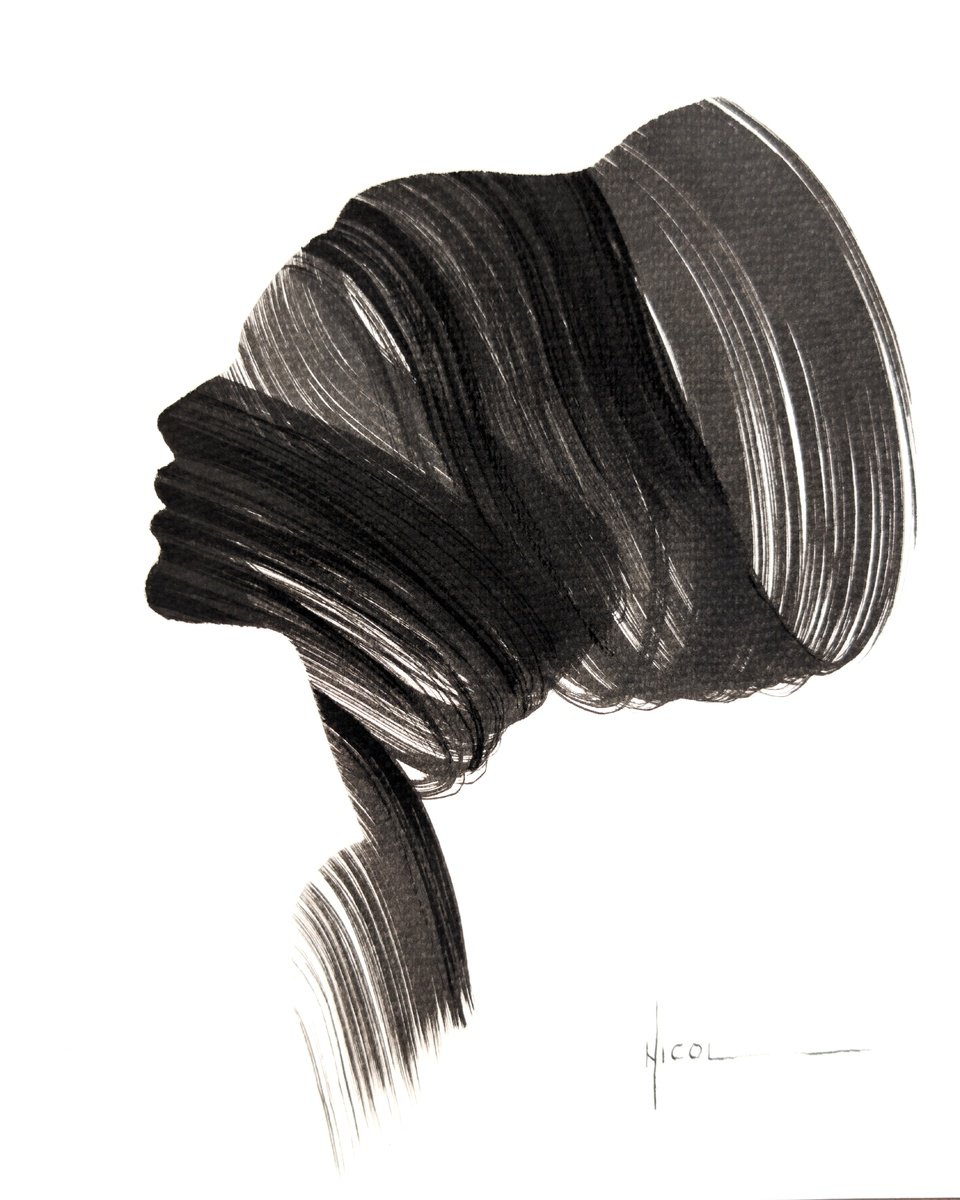 Expressive Portrait Ink Drawing By Nicol Vacaru, 9 X 12", Combed Silence, Original Artwork