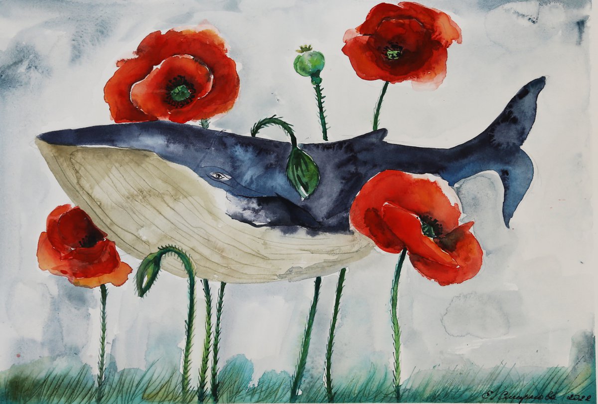 Whale With Poppy Flowers by Evgenia Smirnova
