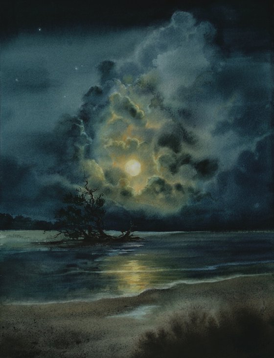 Mystical Night -  Super Moon in Clouds