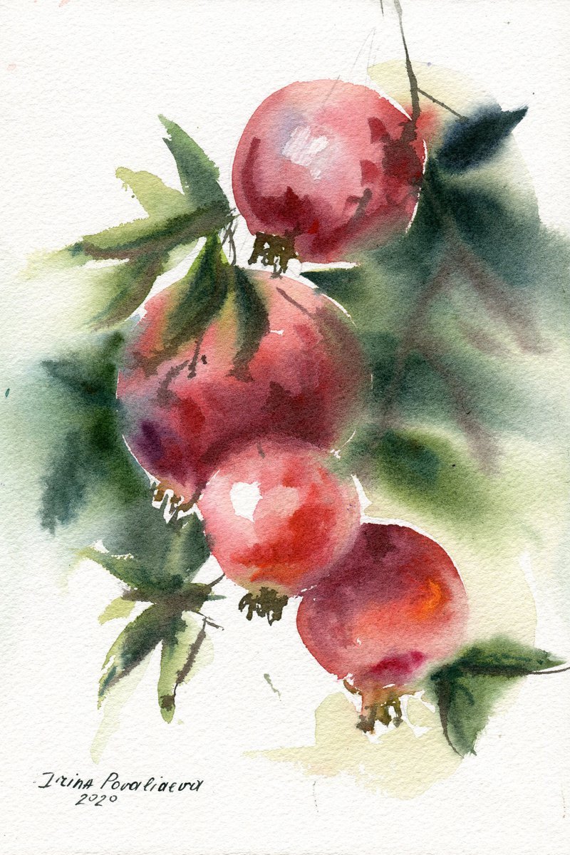 Pomegranates, 27,5x18,5 cm watercolor, red, still life, gift, small size by Irina Povaliaeva