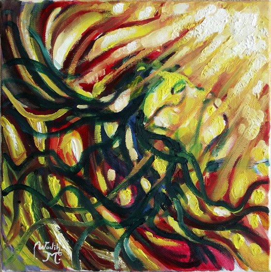 FLYING TO THE SUNLIGHT - Abstract figurative  modern painting - Illusionistic figure - 30X30cm