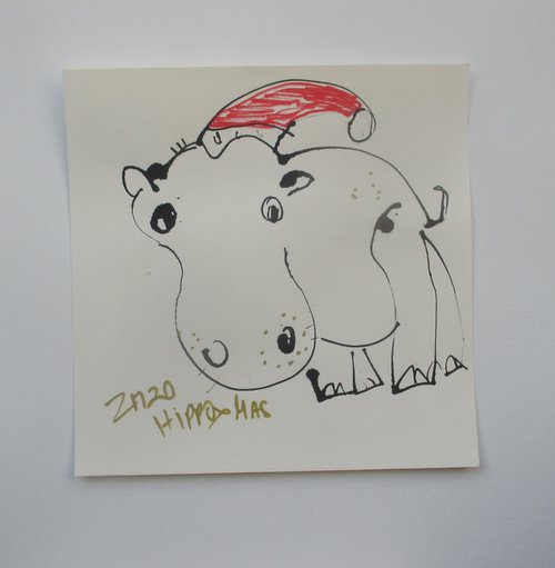crazy christmas hippo 8 x 8 inch unique mixedmedia drawing by Sonja Zeltner-Müller
