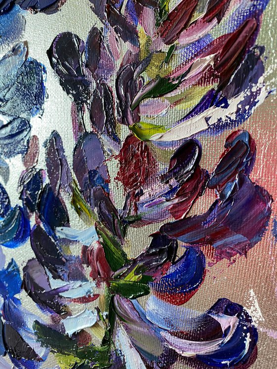 Oil painting Violet-pink flowers - Lupines