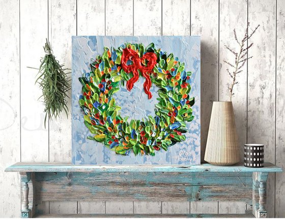 Christmas Wreath on Blue