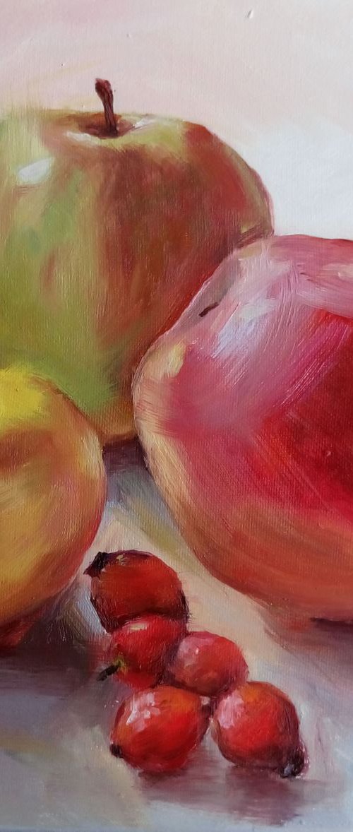 Apples Lemon And Dog Rose Fruit ( Original oil painting ready to hung canvas gallery wrapped. Gift idea, home decoration idea. Red fruits rose hips and citrus on the light background) by Mag Verkhovets