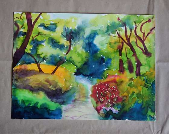 Blooming forest abstract landscape, original watercolor painting, Botanical garden