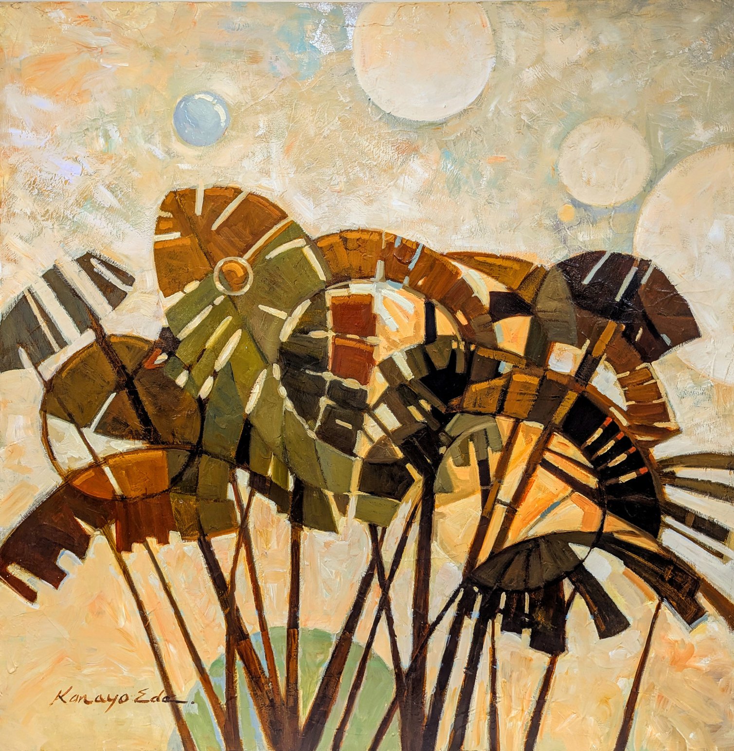 Impressionistic Botanical Acrylic Painting By Kanayo Ede, 37 X 38", Tribal Leaves, Original Artwork