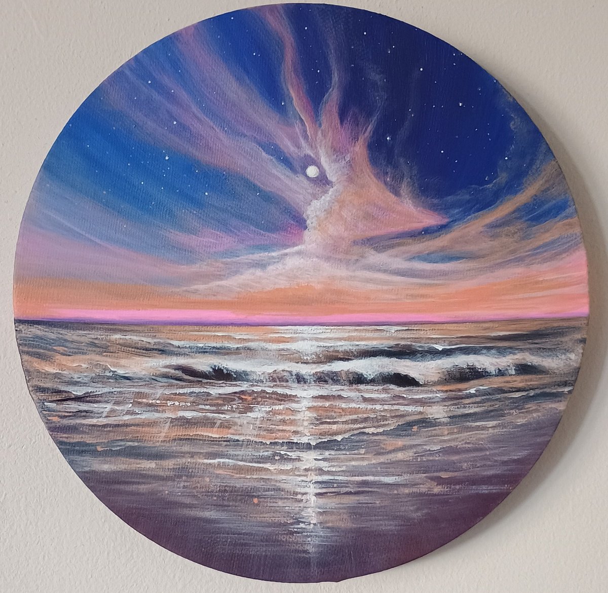 Surrealistic Landscape Acrylic Painting By Zoe Adams, 8 X 8", Moonlight Seascape., Original Artwork