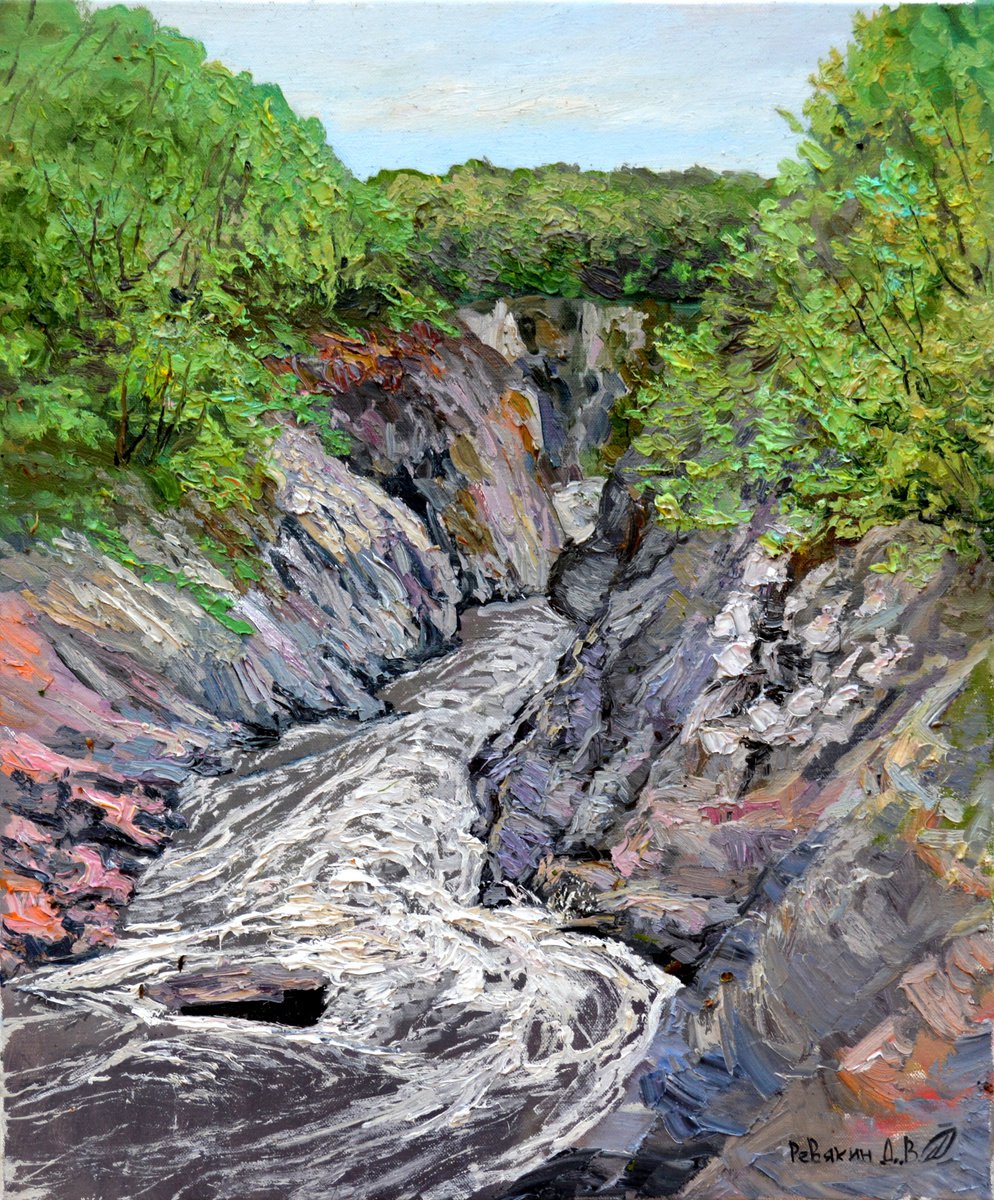 Oil painting landscape Rocky gorge with rough river by Dmitry Revyakin