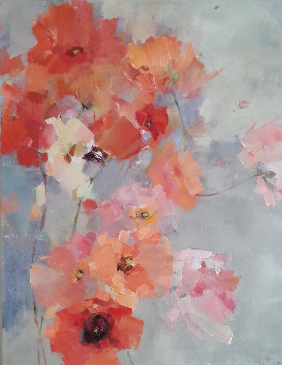 Impressionistic Botanical Oil Painting By Tatyana Barinova, 33 X 43", Memory At Fingertips, Original Artwork