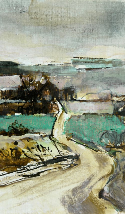 Road among fields. Abstract drawing. by Olha Laptieva