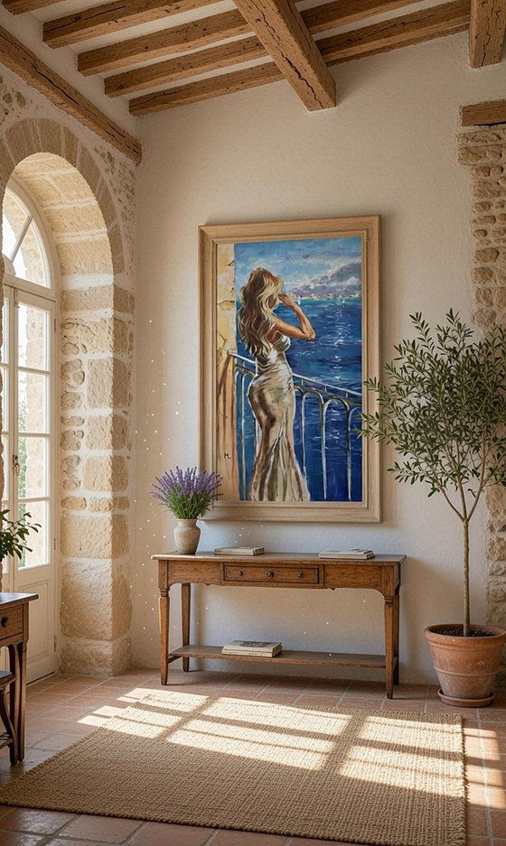 " GARDA VIEW WITH GIRL DRINKING CHAMPAGNE "