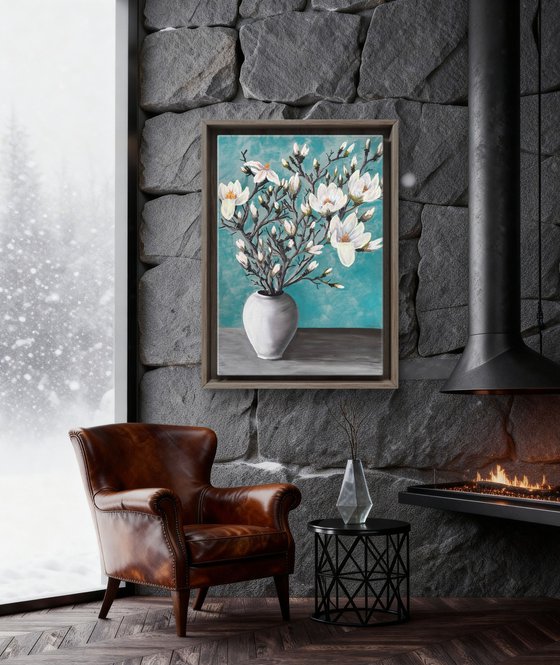 Big size White magnolia in vase