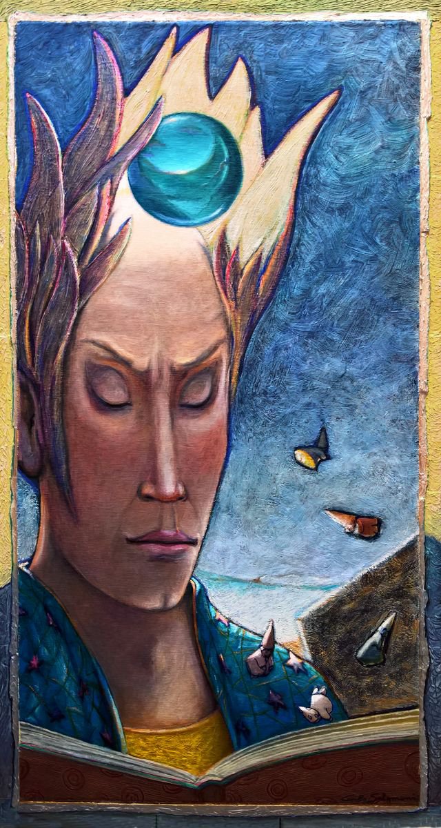 Surrealistic Portrait Acrylic Painting By Carlo Salomoni, 18 X 33, The Storyteller, Original Artwork