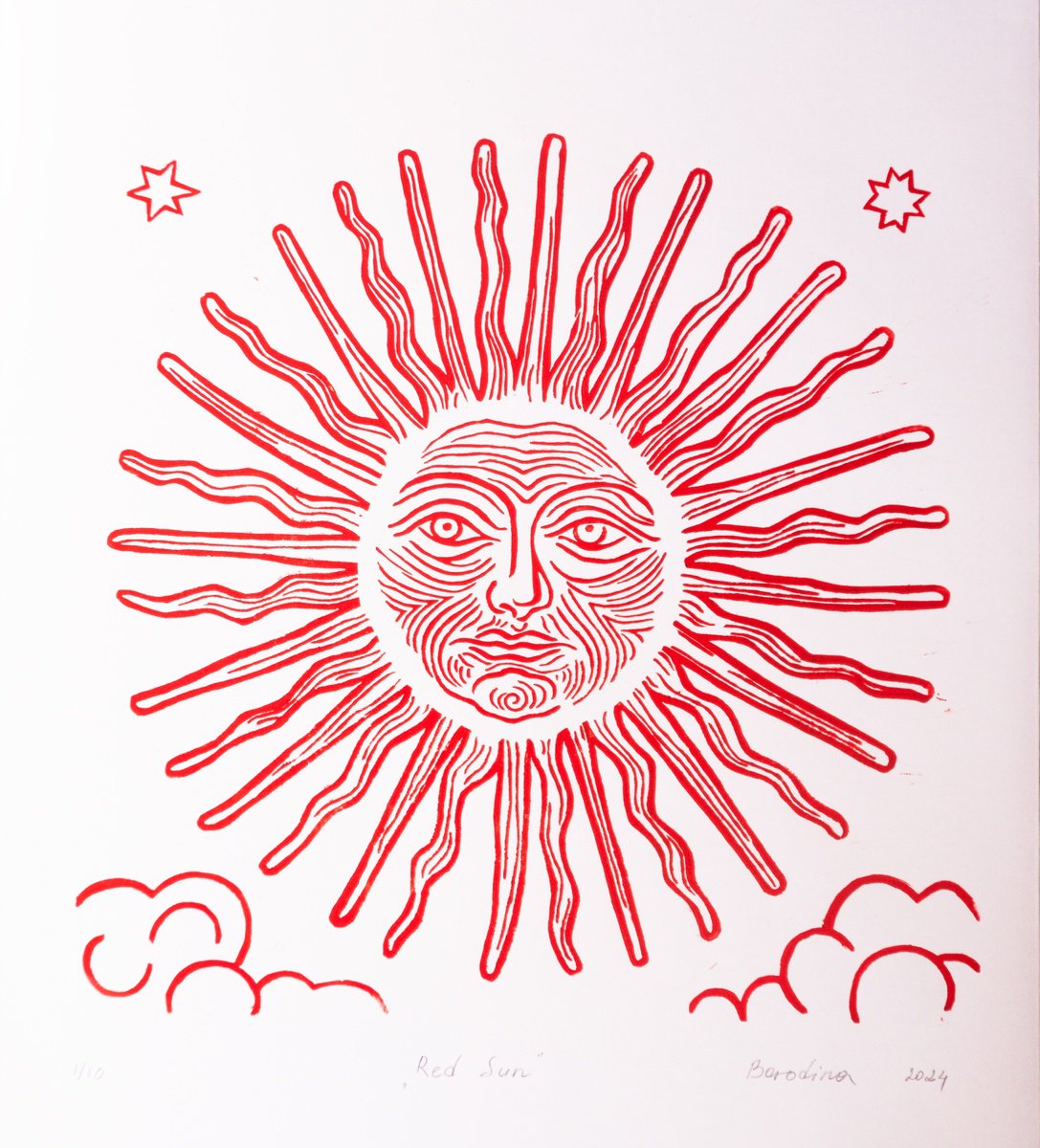 Landscape Linocut By Anastasia Borodina, 14 X 14, Red Sun, Original Artwork