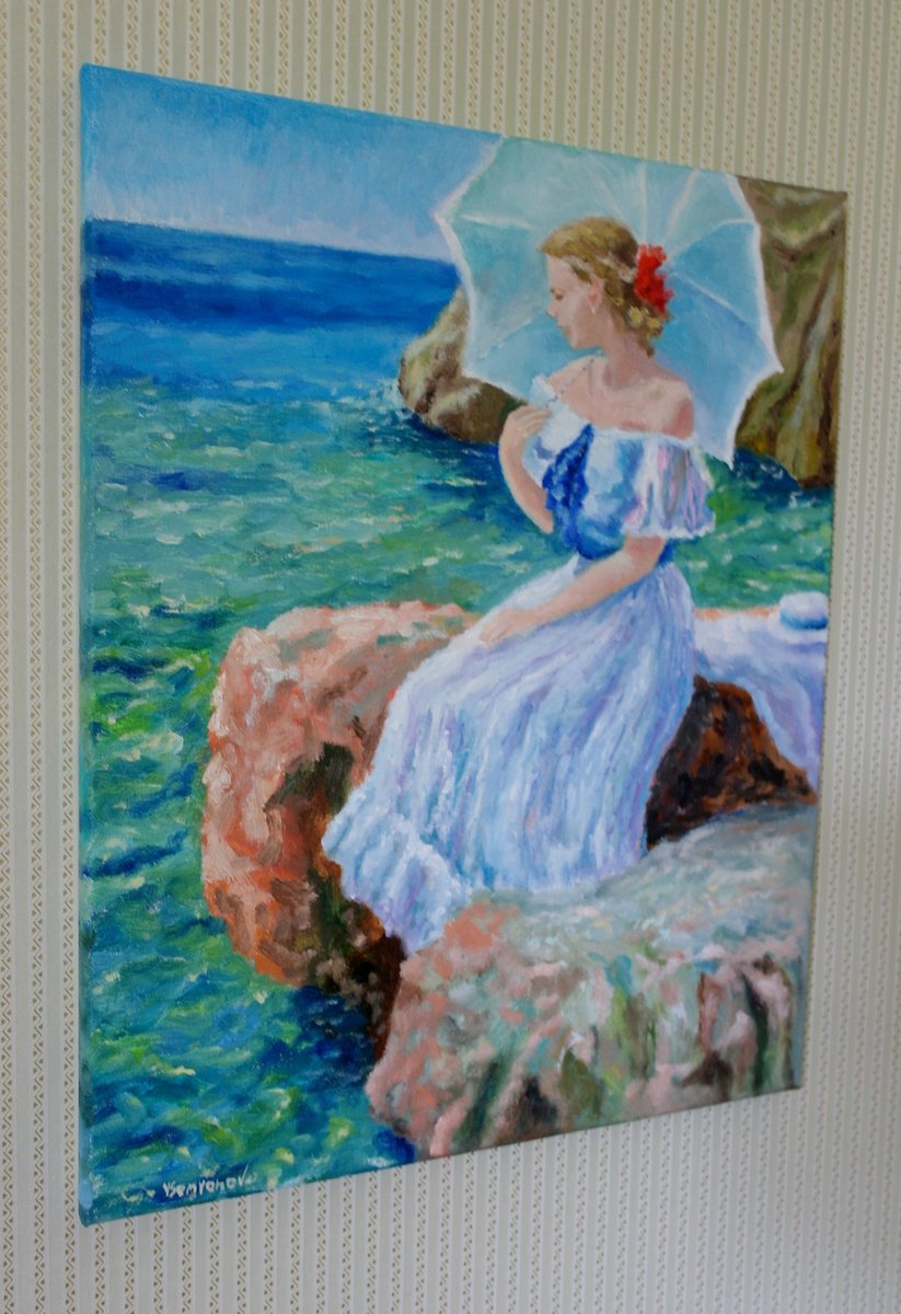 Impressionistic Portrait Oil Painting By Juri Semjonov, 16 X 20", Girl With An Umbrella, Original Artwork