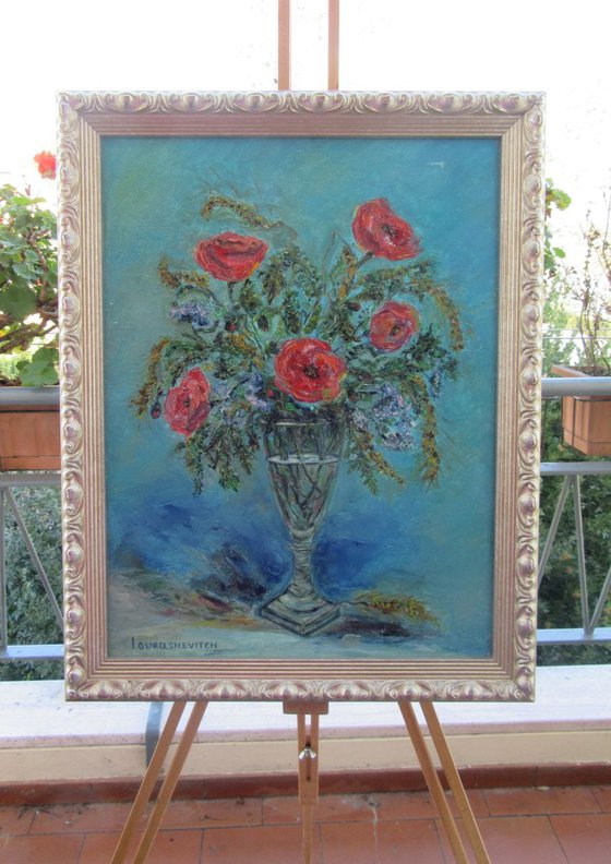 Floral Fantasy Original Contemporary Oil on Canvas Poppies Floral Meadow Flowers Small Botanical Impressionist Painting in a Wine Glass White and Blue Still Life for Home decor Gift (30x40cm)