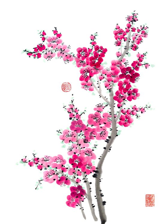 Hot pink bloom - Oriental Chinese Ink Painting