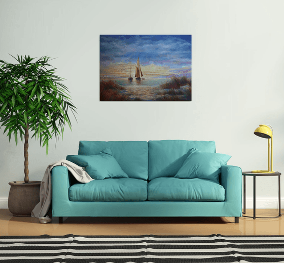 Sunrise in the Bay:linen, oil, 79x109