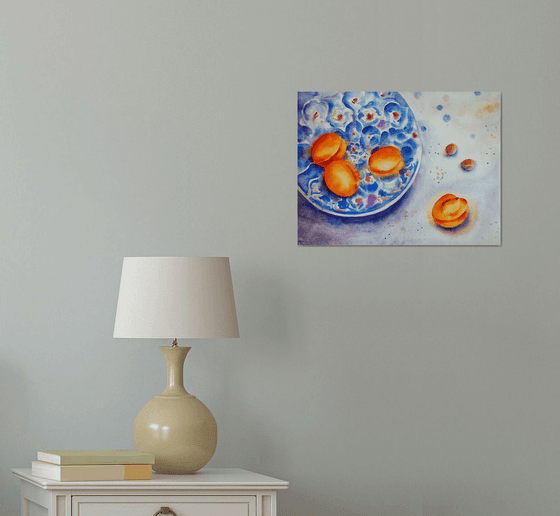 Still life with apricots on a turkish plate - original watercolor turquoise patterns