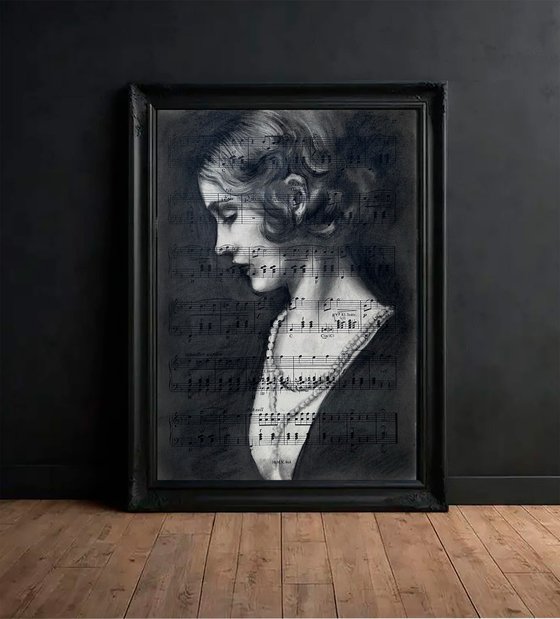Woman's Portrait on Vintage Sheet Music