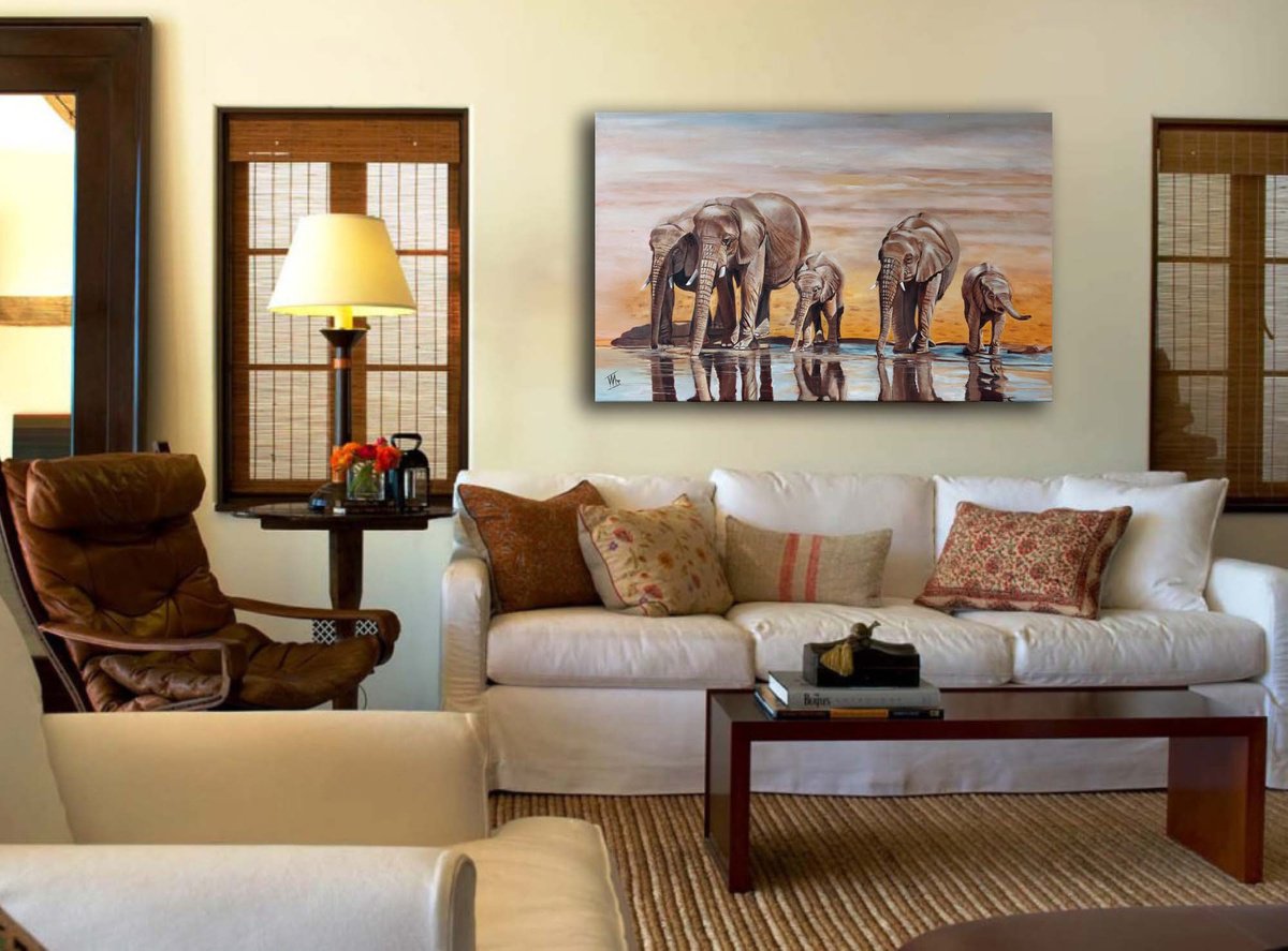 Impressionistic Animal Oil Painting By Ira Whittaker, 30 X 20, Elephants In The Desert, Original Artwork
