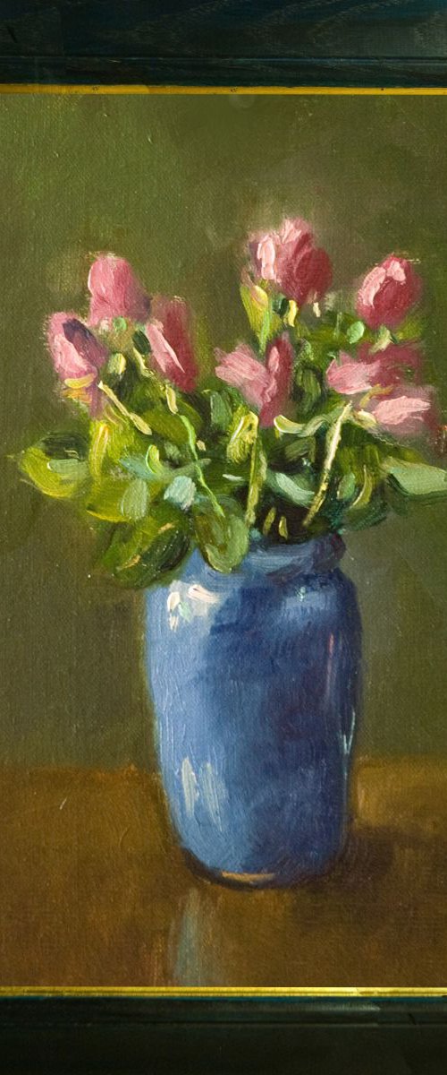 Pink Roses in Blue Vase by Andre Pallat