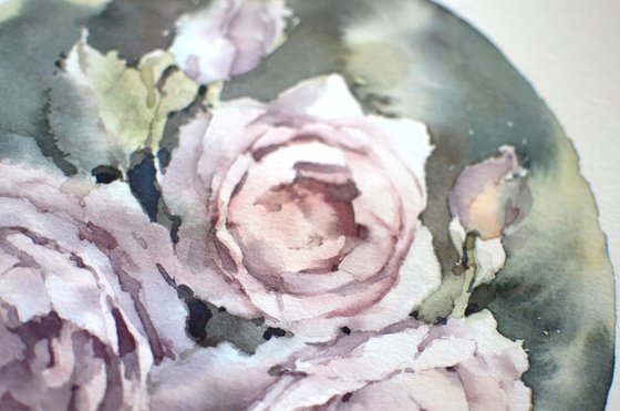 Watercolor roses in a circle, Light purple flowers and green leaves