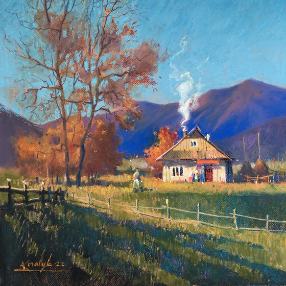 Ukrainian art Sunny Autumn day in Carpathian. Pastel on paper 19.6x19.6 inch (50x50 cm)