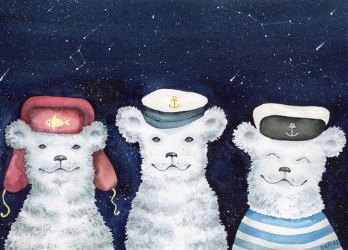Northern bear cubs. Bears are fishermen. Fairy tale characters. Original watercolor. by Evgeniya Mokeeva