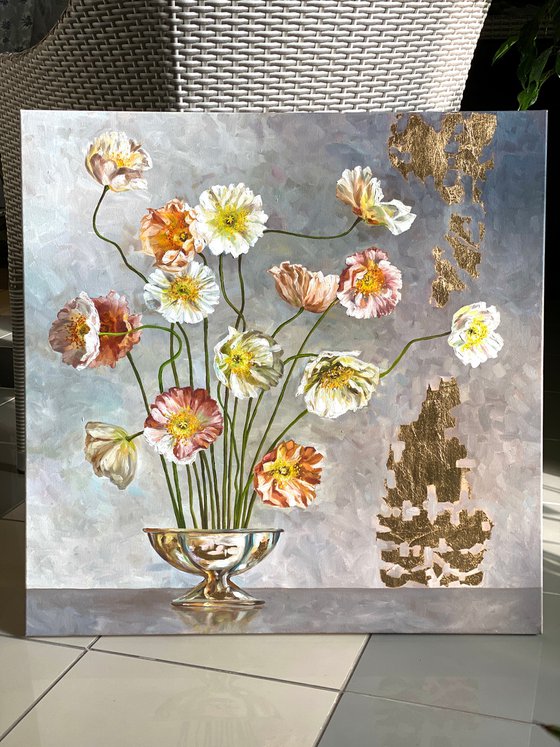 Oil painting poppies original bouquet in vase on grey background. Flowers with golden potal, red, orange, yellow, gold and white colors.