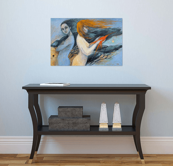 WEST WIND (ANTICIPATION) - symbolism philosophical painting with two girls and a red bird bright colors living room art home décor
