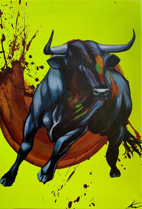 bull on a lemon background by Anzhelika Klimina