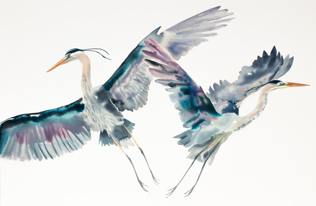 Expressive Animal Watercolour By Elizabeth Becker, 40 X 26, Herons In Flight No. 3, Original Artwork