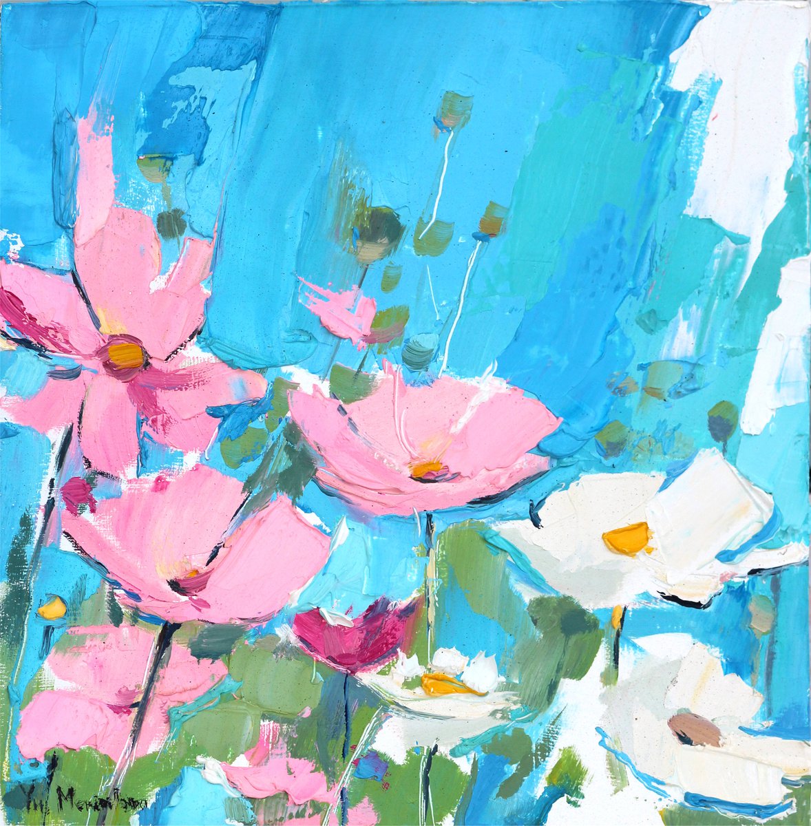 Pink Wildflowers, 20x20 cm, original oil painting by Yuliia Meniailova