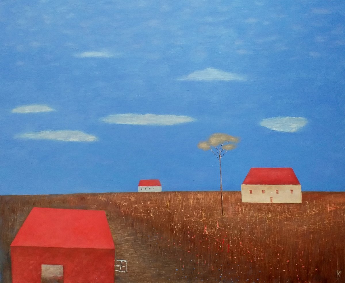 Abstract Landscape Oil Painting By Kestutis Jauniskis, 25 X 21", Houses In The Fields, Original Artwork